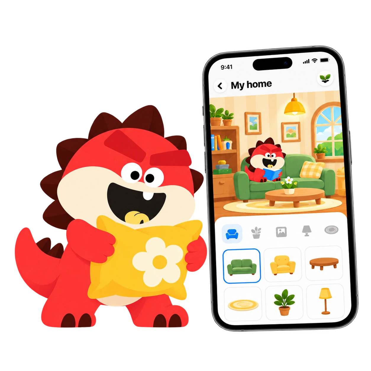 Tada holding a yellow pillow beside the app home, with furniture and room decoration choices