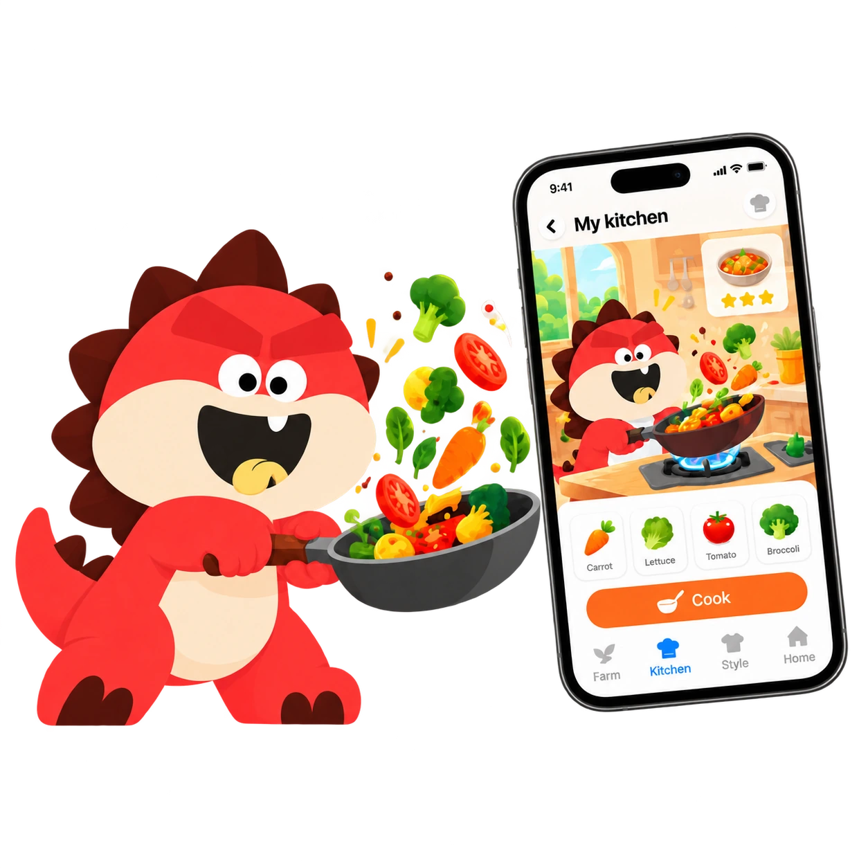 Tada tossing fresh vegetables in a pan beside the TadaPal kitchen app