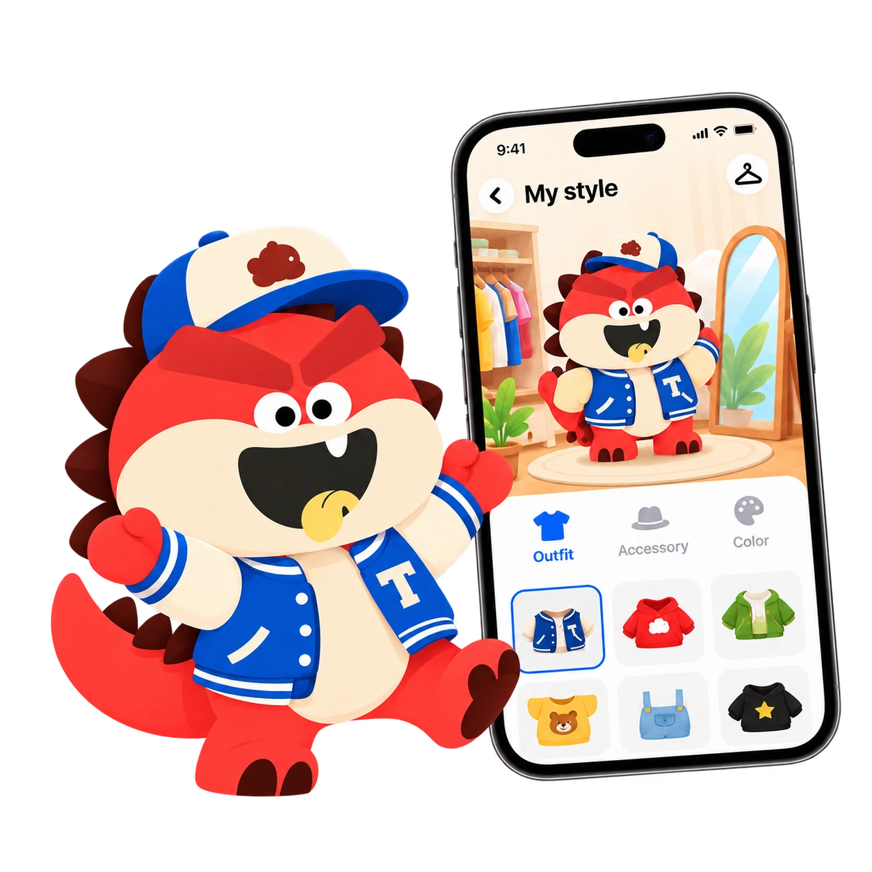 Tada in a blue varsity jacket and cap beside the app wardrobe, outfits and accessories