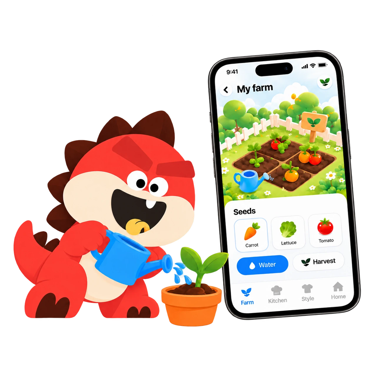 Tada watering a sprout beside the TadaPal farm app, with seeds, watering and harvest controls