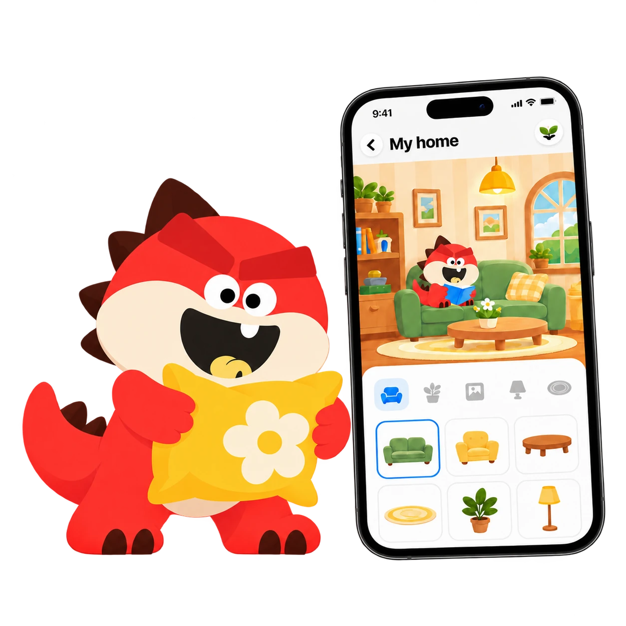 Tada holding a yellow pillow beside the app home, with furniture and room decoration choices