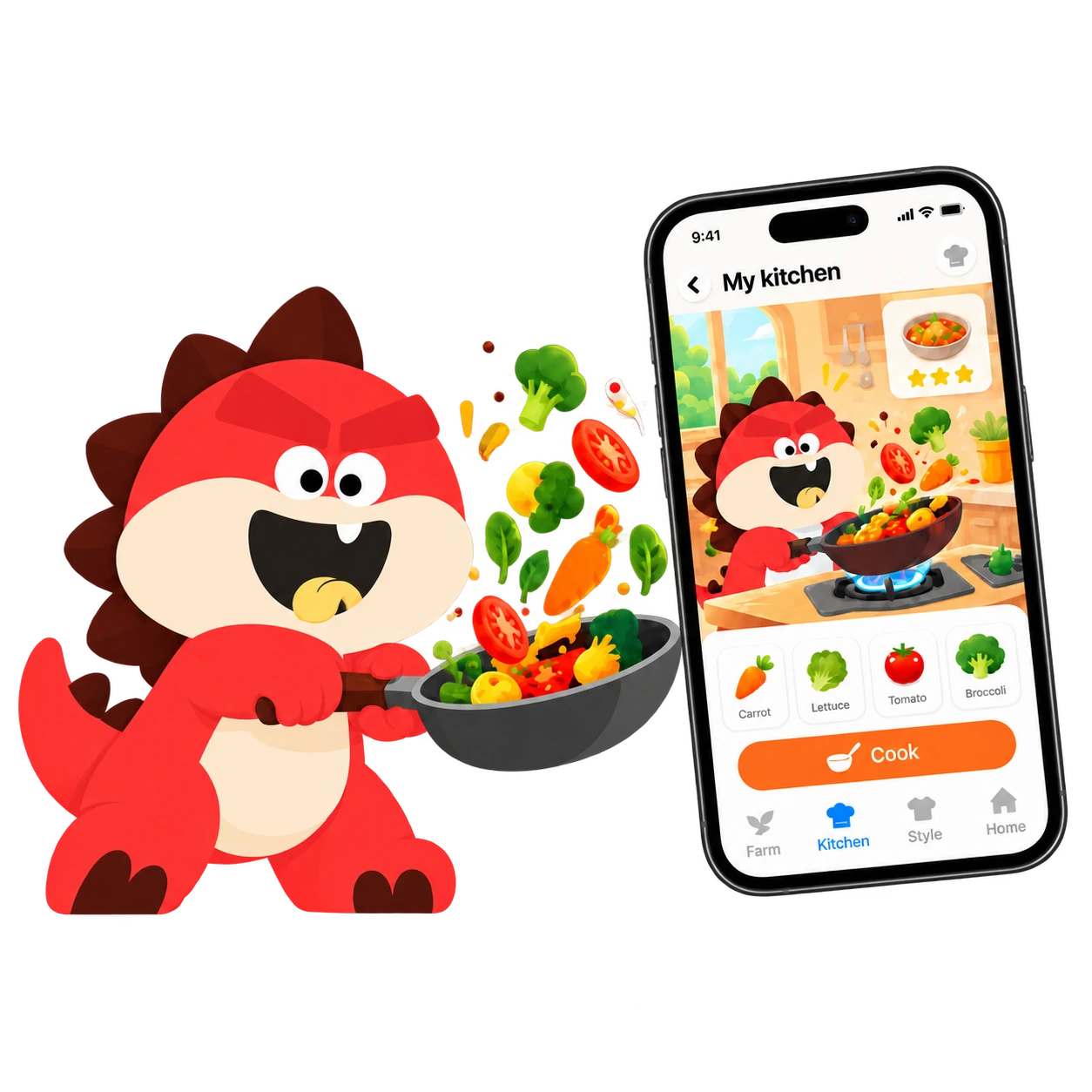 Tada tossing fresh vegetables in a pan beside the TadaPal kitchen app