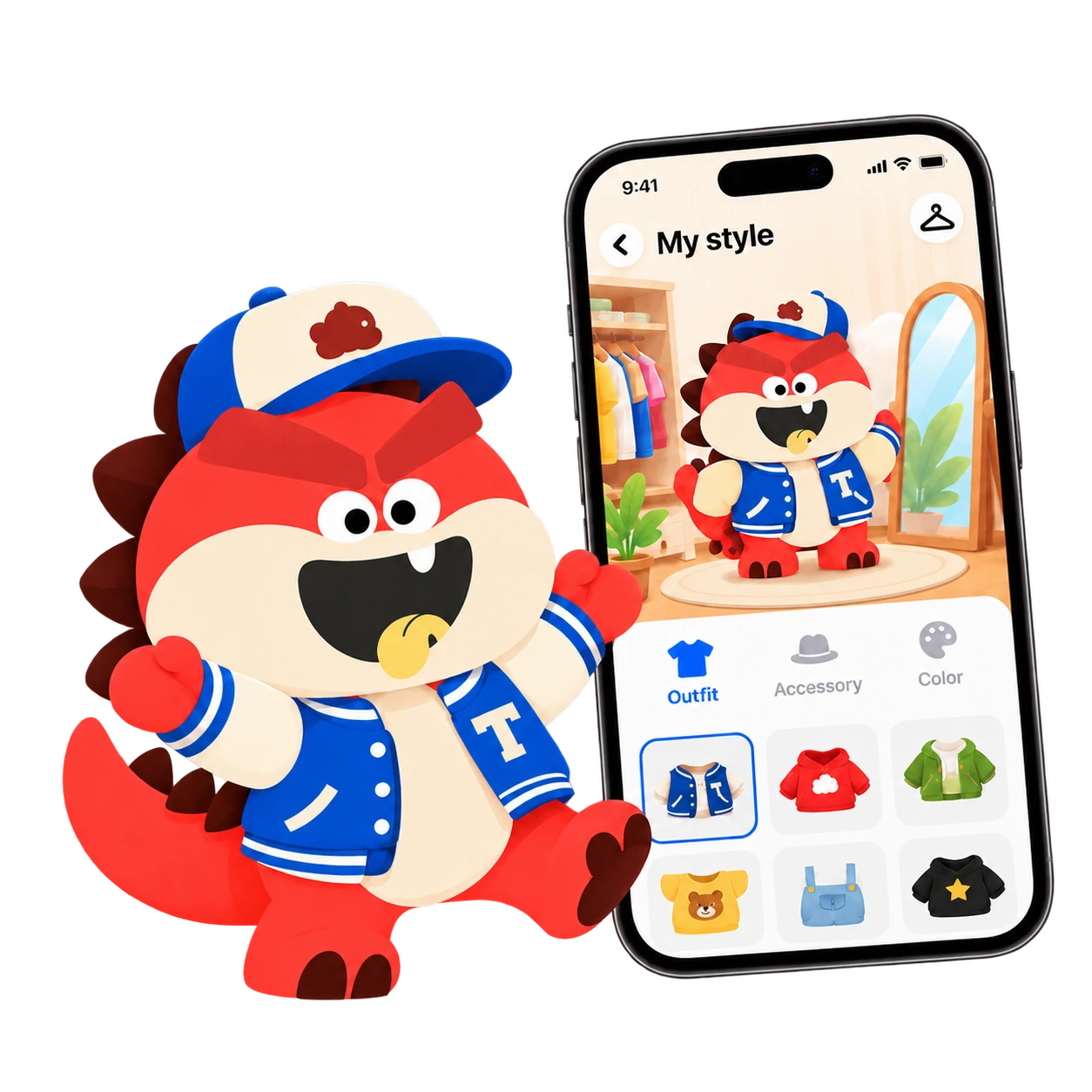 Tada in a blue varsity jacket and cap beside the app wardrobe, outfits and accessories