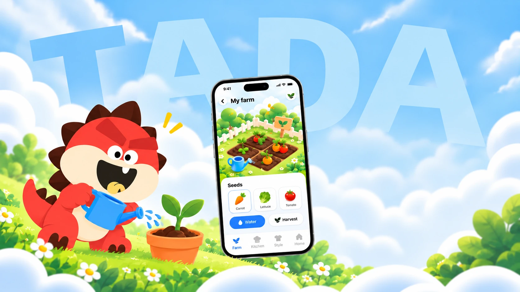 Tada watering a sprout beside the TadaPal farm app, with seeds, watering and harvest controls