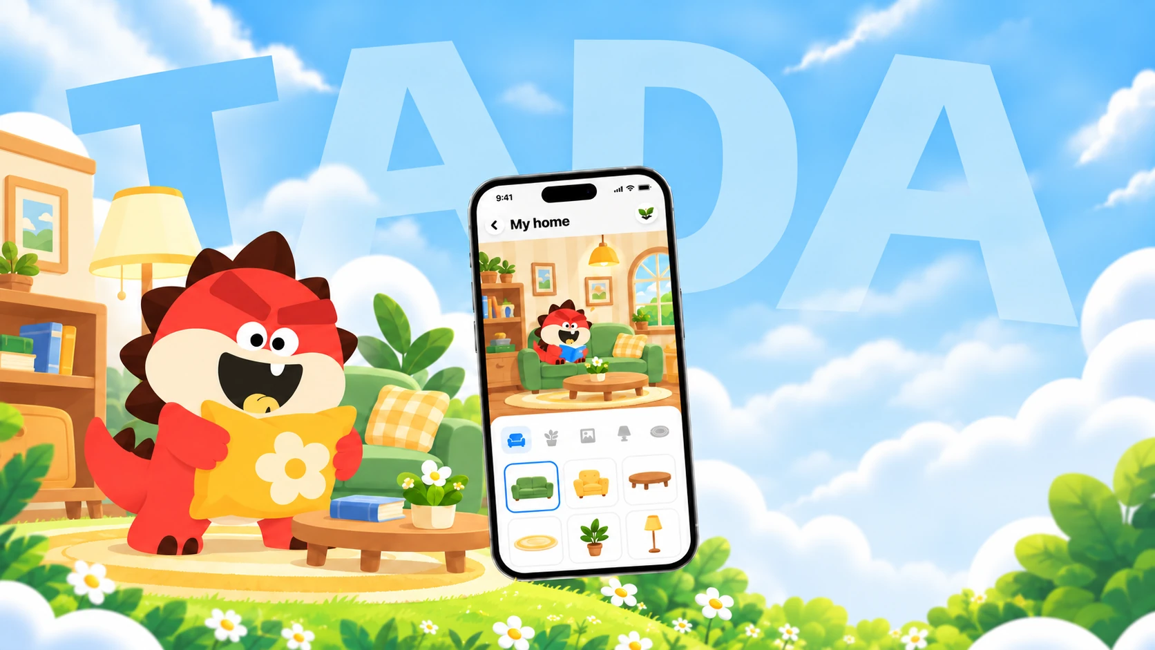 Tada holding a yellow pillow beside the app home, with furniture and room decoration choices
