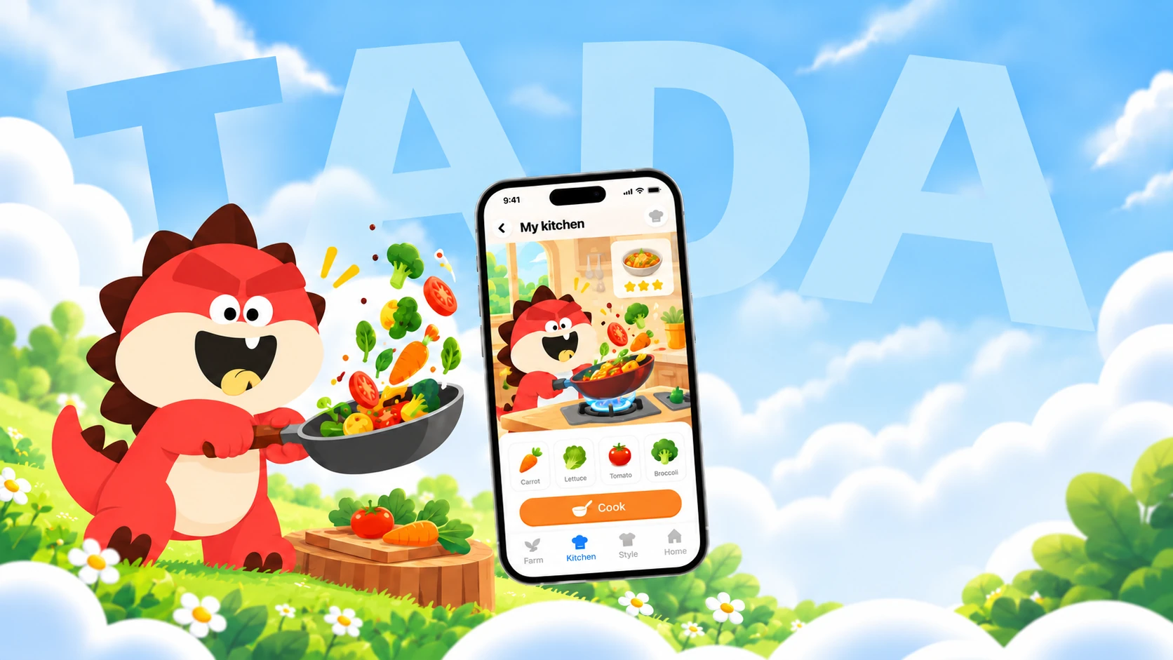 Tada tossing fresh vegetables in a pan beside the TadaPal kitchen app