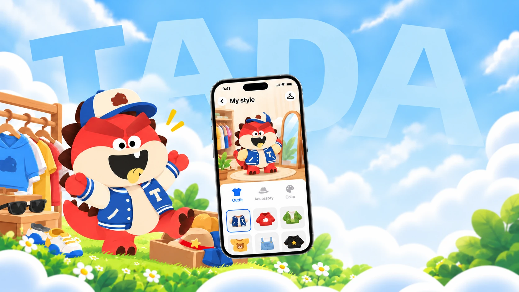 Tada in a blue varsity jacket and cap beside the app wardrobe, outfits and accessories